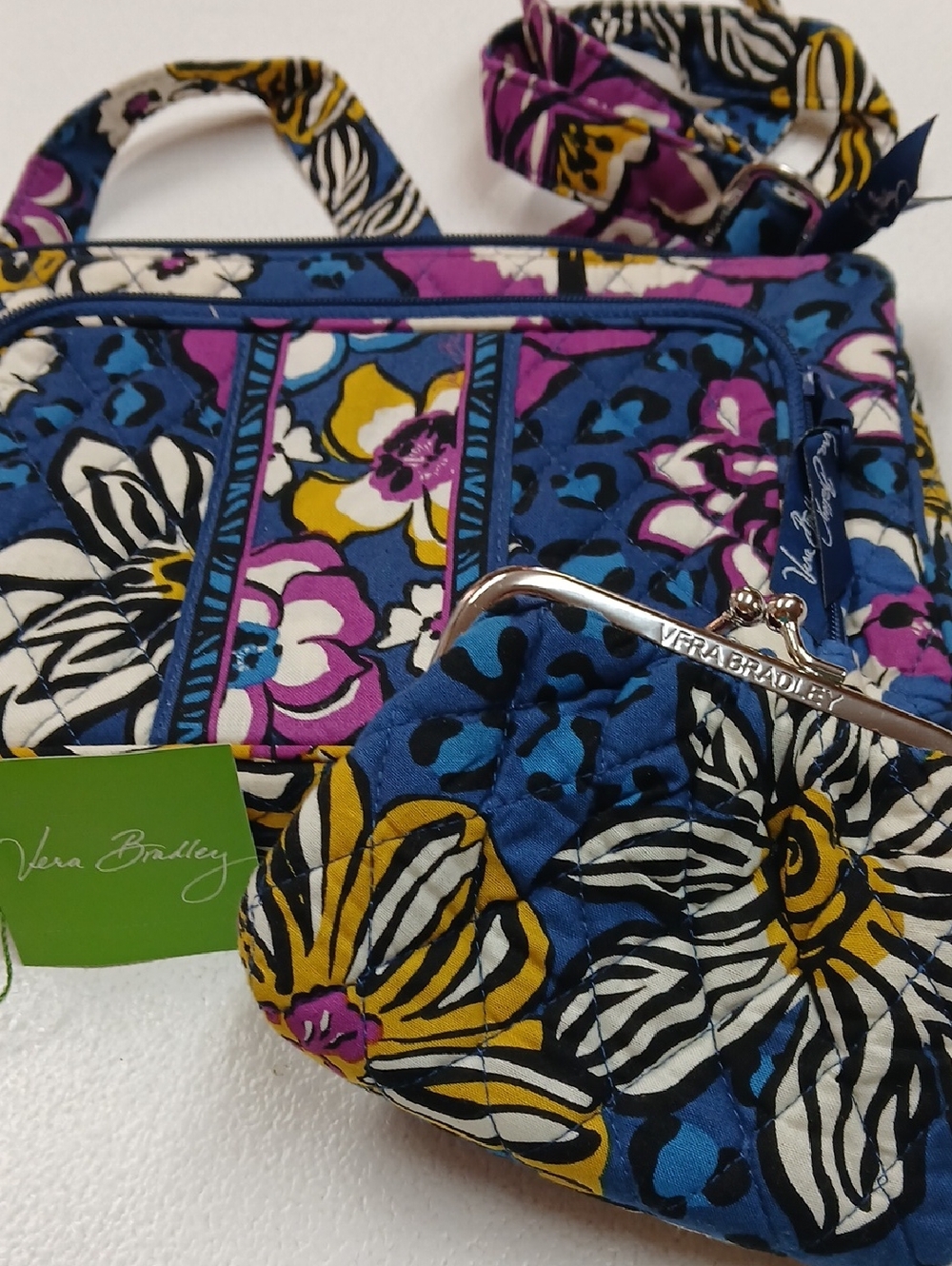 Vera Bradley Blue Floral Quilted Crossbody with Matching Coin Purse